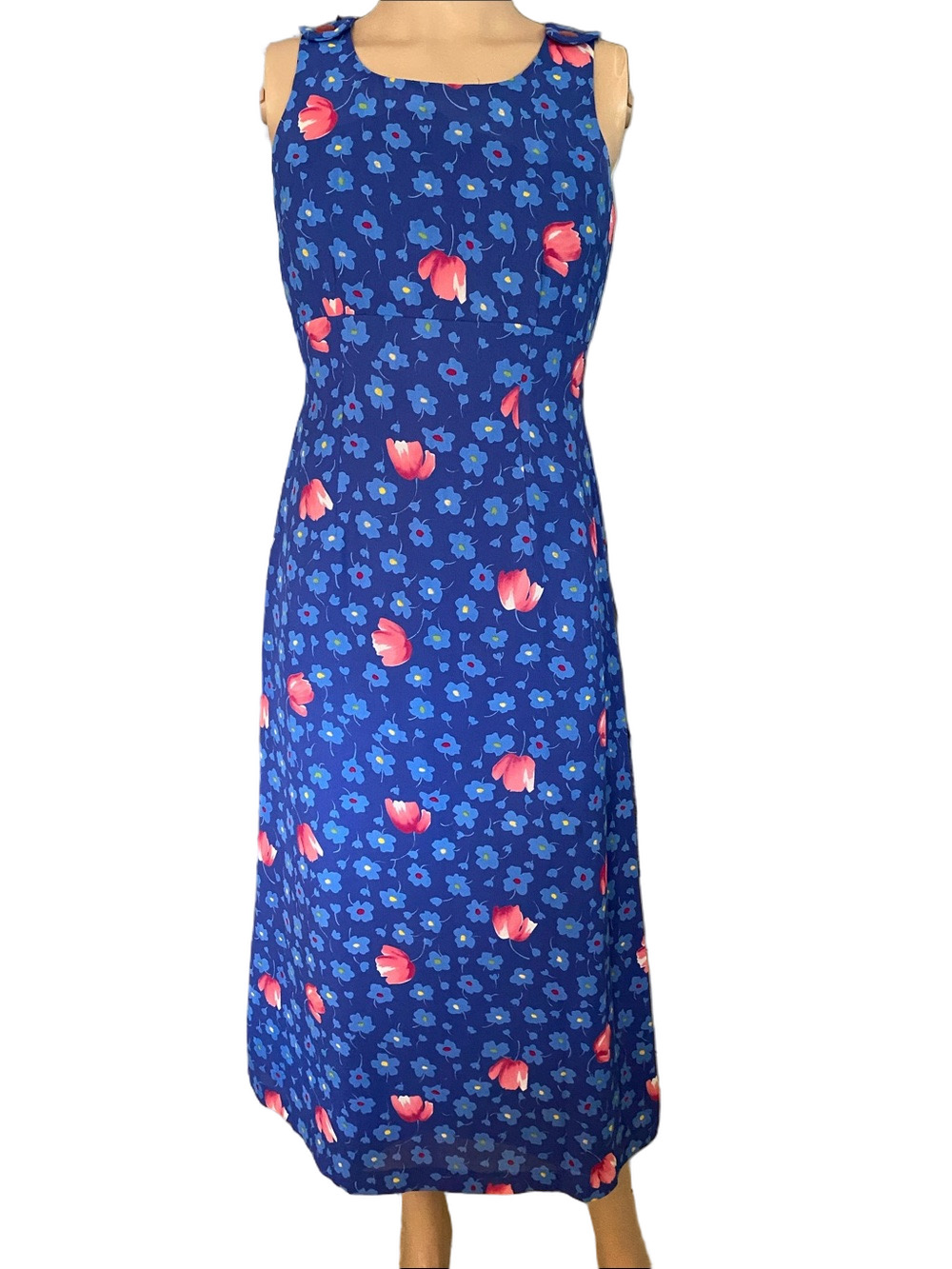 Stephanie Erin vintage Sleeveless Blue Floral Midi Dress with Pink Tulip Accents
